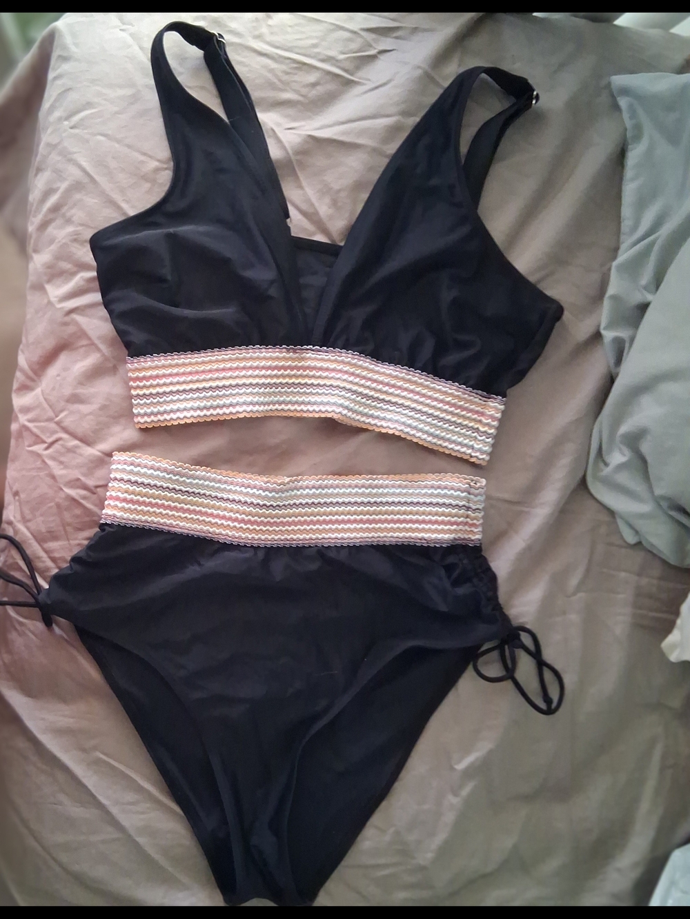 Black Two-Piece Bikini with Multicolor Elastic Trim Size XL